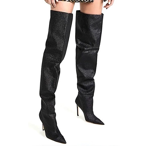 Good American Black Glitter Thigh High Over The Knee‎ Boots Women Size 6 Heels - Picture 1 of 8